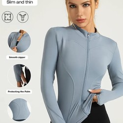 Jaqueta fitness feminina, blusa justa de secagem rápida, coleção outono 2025, manga longa com proteção solar, gola alta, ideal para esportes e Pilates.