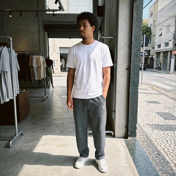 [Pague 2, Leve 4] Calça Tuesday Masculina em Algodão, Poliéster e Malha Texturizada de Caimento Reto com Cós Elástico e Cordão Trançado