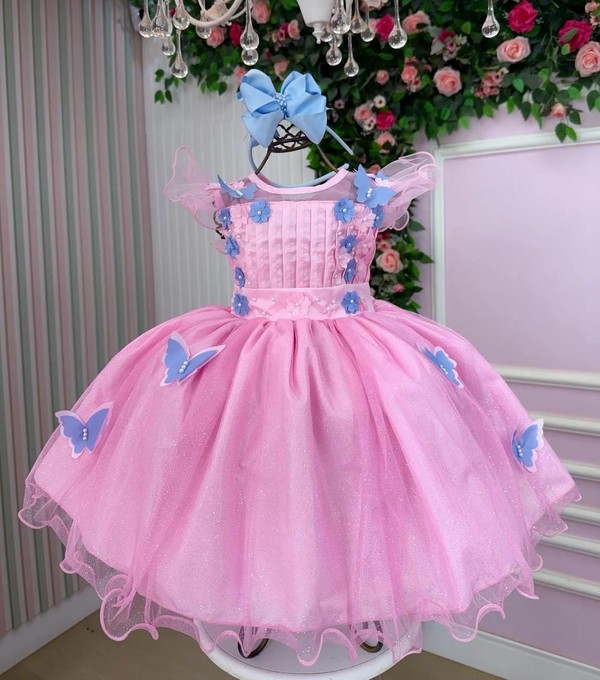 Vestido Fantasia Luxo – Jardim Encantado - Rosa C/Borboletas Azuis 