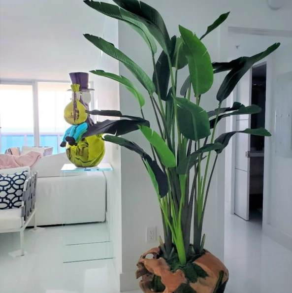 Grande Vaso de Teca em Formato de Barco com Grande Flor de Estrelícia