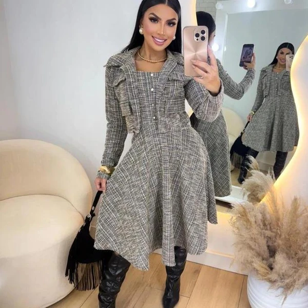 Conjunto Feminino Tweed Xadrez Midi Elegante com Botões Dourados – Moda Executiva Inverno Outono Luxo Casual Chic