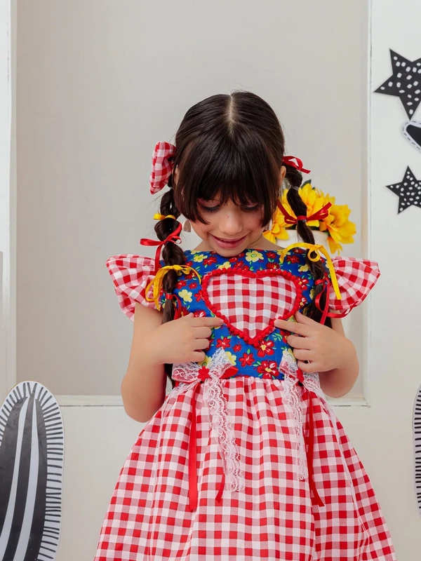 Vestido Junino - Xadrez Floral Com Coração Bordado 