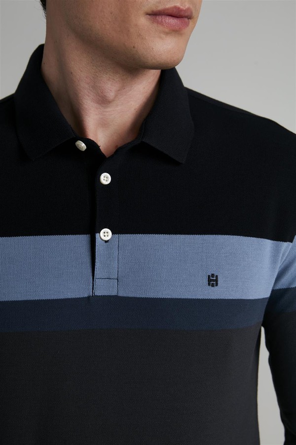 Camisa Polo Manga Longa Piquet Slim Fit - Preto-Cinza Chumbo