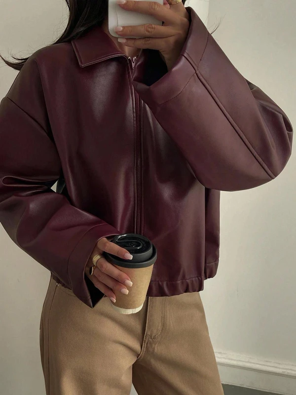 Velour Jaqueta Casual Solta de Couro Sintético Feminina, Ajuste Regular, Outono/Inverno