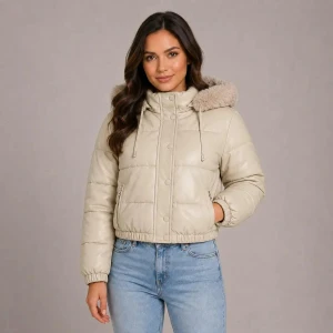 Jaqueta Puffer Feminina De Couro Forrada com Pelinho