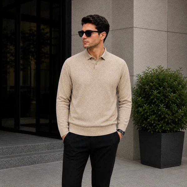 Suéter Polo Velluto em Malha Texturizada Premium com Gola Integrada(COMPRE 1 LEVE2)
