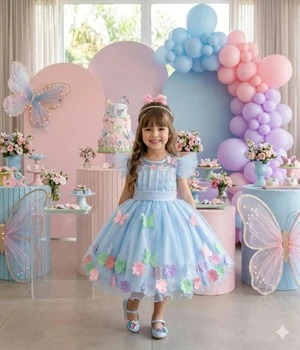 Vestido Luxo Bordado com Aplicações - Jardim Encantado Azul