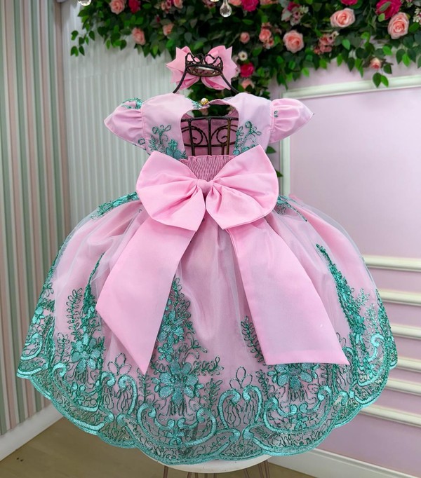 Vestido Luxuoso - Jardim Encanto - Rosa C/Verde Tiffany 