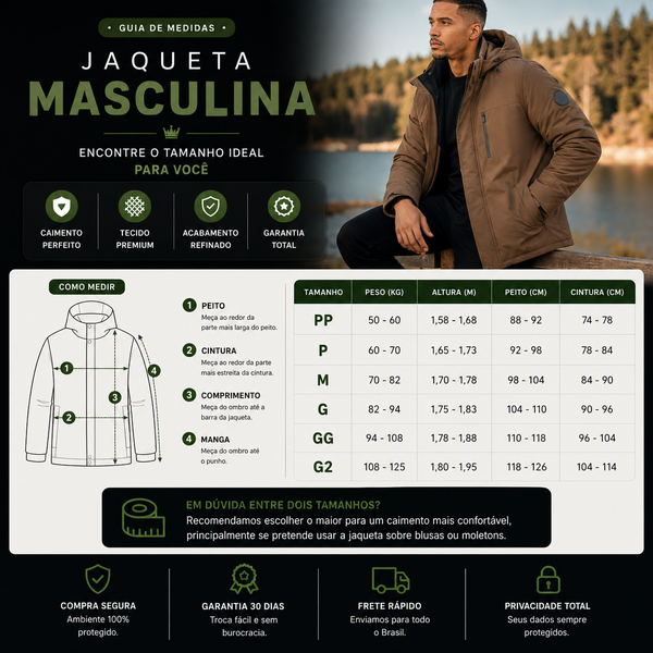 Jaqueta Masculina Mavero em Interior Forrado Térmico a Prova D'Água e Capuz Removível +BRINDES: Relógio, Cinto e Carteira