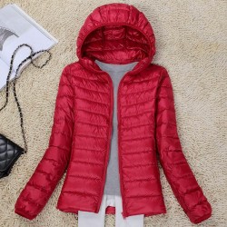 Jaqueta Feminina Ultraleve de Plumas Fina Acolchoada com Capuz