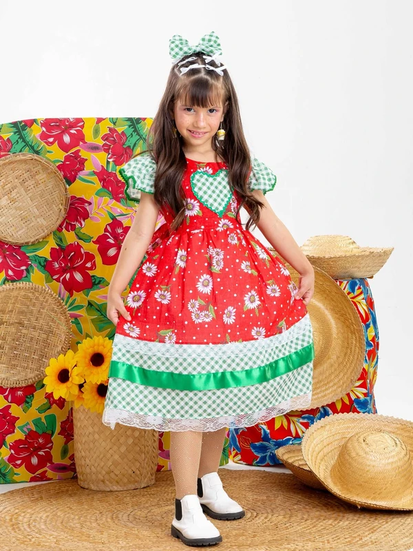 Vestido Junino - Vermelho C/ Verde Xadrez Floral 