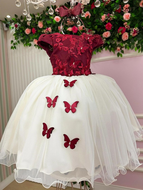 Vestido Glamour – Bordado com Aplicações de Borboletas – Marsala