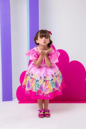 Vestido Temático Estampado - Princesas - Rosa 