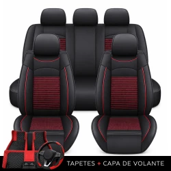 Kit Completo de Capas para Banco de Carro Turbo em Couro Legítimo Universal 5 Lugares Com Airbag + Tapetes e Capa de Volante