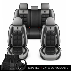 Kit Completo de Capas para Banco de Carro Velox  em Couro Legítimo Universal 5 Lugares Com Airbag + Tapetes e Capa de Volante