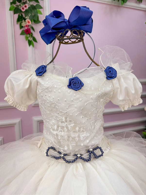 Vestido Glamour Branco - Bordado com Rosas em Azul Marinho