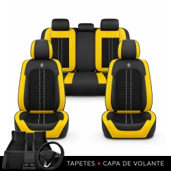 Kit Completo de Capas para Banco de Carro Acelon em Couro Legítimo Universal 5 Lugares Com Airbag + Tapetes e Capa de Volante
