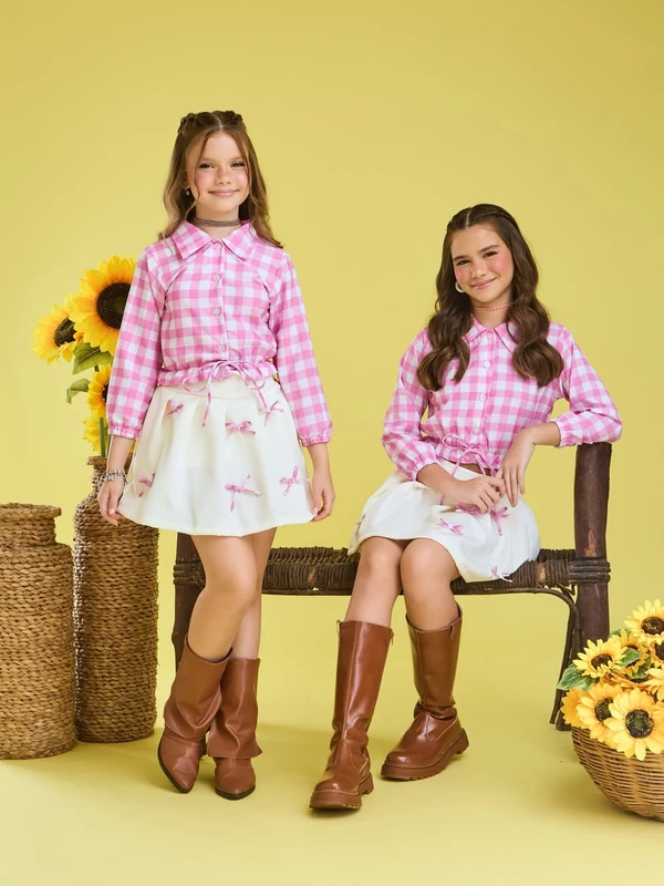 Conjunto Junino – Camisa Xadrez e Saia Rodada Laço – Rosa