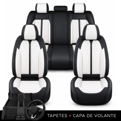 Kit Completo de Capas para Banco de Carro Avalon em Couro Legítimo Universal 5 Lugares Com Airbag + Tapetes e Capa de Volante