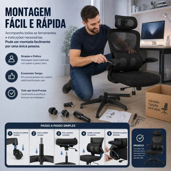 Cadeira de Escritório Presidente Ergonômica com Apoio Lombar Regulável — Home Office