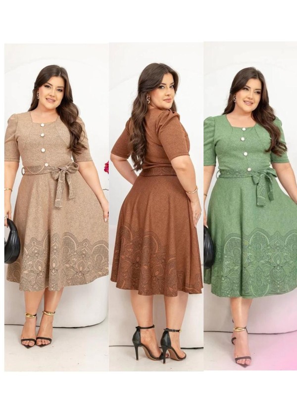 Vestido Midi Evangelico em Jaquar Estampa Barrada com Cinto e Botões fake Moda Femenina 