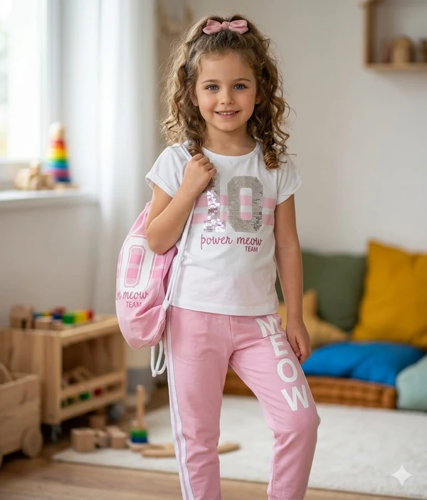 6837 CONJUNTO MEOW ROSA PAETÊ BLUSA CALÇA E BOLSA TIME KIDS