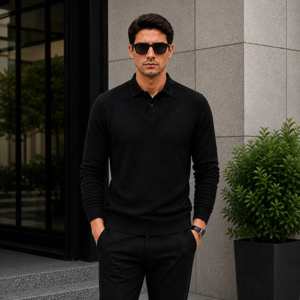 Suéter Polo Velluto em Malha Texturizada Premium com Gola Integrada(COMPRE 1 LEVE2)