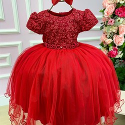 Vestido Luxuoso Bordado com Flores Brilhantes - Vermelho