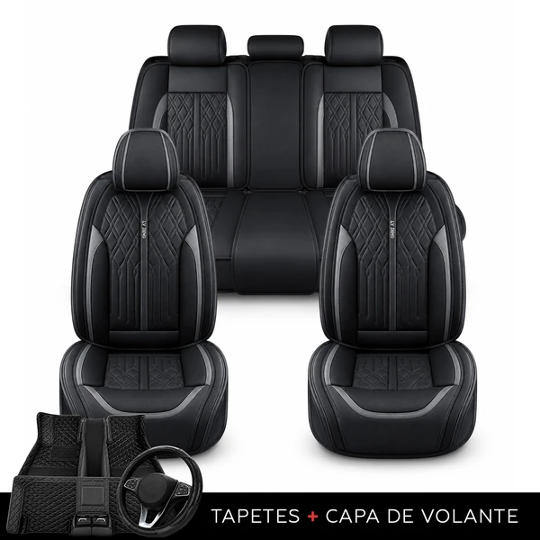 Kit Completo de Capas para Banco de Carro Avalon em Couro Legítimo Universal 5 Lugares Com Airbag + Tapetes e Capa de Volante