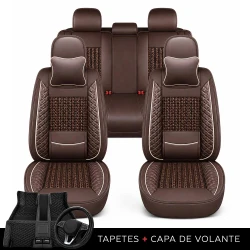 Kit Completo de Capas para Banco de Carro Nureon em Couro Legítimo Universal 5 Lugares Com Airbag + Tapetes e Capa de Volante