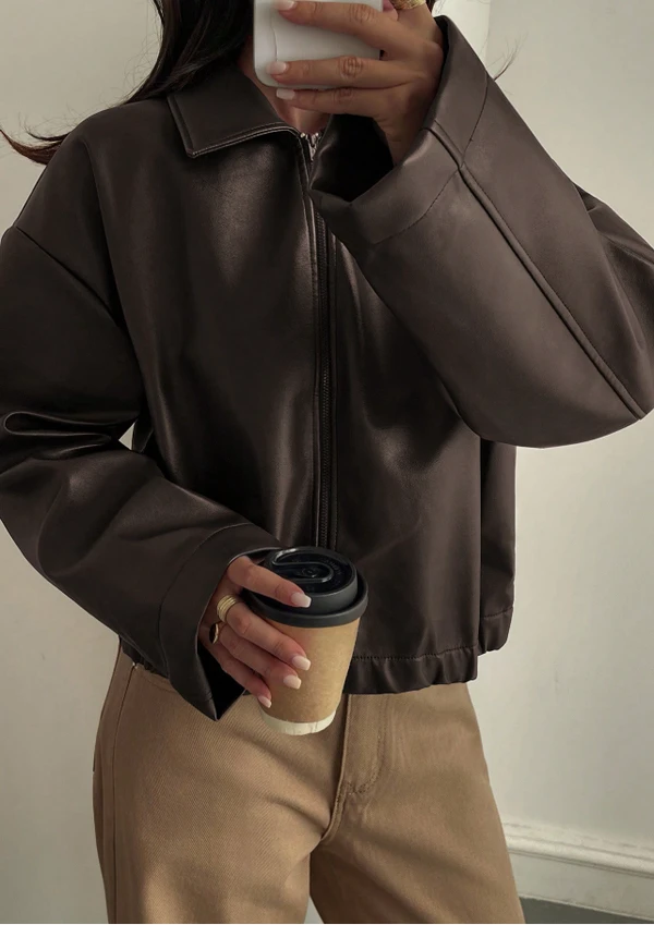 Velour Jaqueta Casual Solta de Couro Sintético Feminina, Ajuste Regular, Outono/Inverno