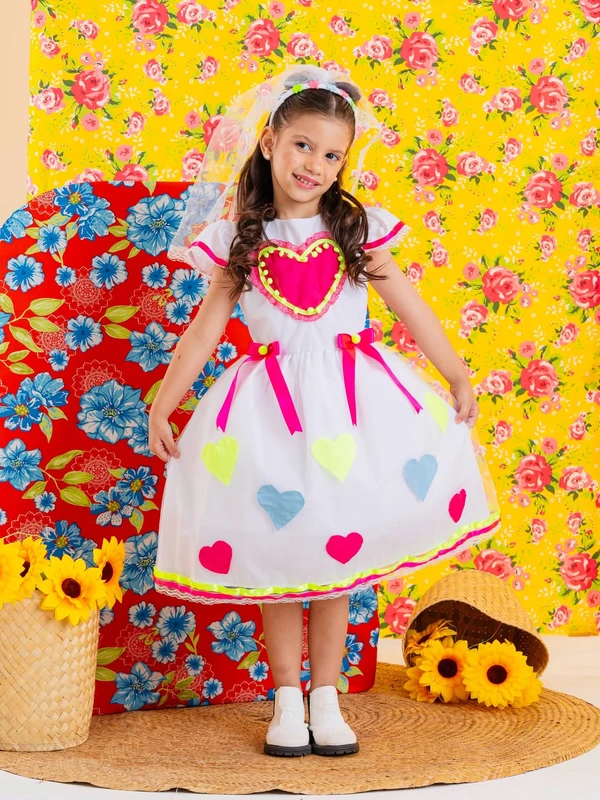 Vestido Junino Novinha com Véu - Branco Com Corações  