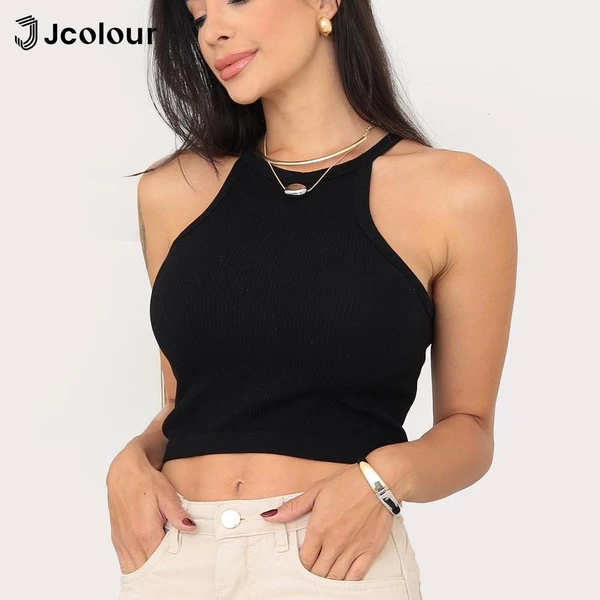 3 Peças Cropped Regata de gola alta sexy，Top curto justo sem mangas，Regata de tricô casual 