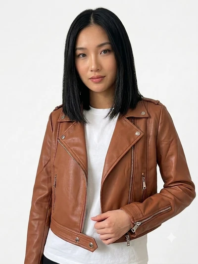 Jaqueta de Couro Biker Caramelo