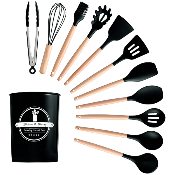 Kit Utensílios Cozinha 12 Peças Silicone Antiaderente PRETO