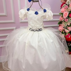 Vestido Glamour Branco - Bordado com Rosas em Azul Marinho