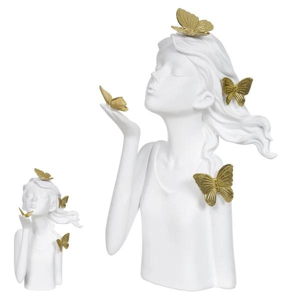 Escultura Decorativa de Poliresina Menina Branco e Dourado 31x17,5x15,5cm
