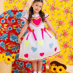Vestido Junino Novinha com Véu - Branco Com Corações  