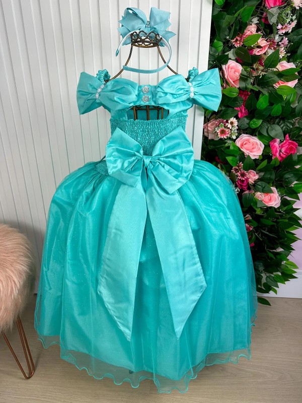 Vestido Luxuoso Longo - Manga Princesa - Verde Tiffany