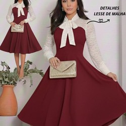 Vestido Feminino Casual Elegante Crepe Malha Detalhe Malha Lesse Moda Evangélica Social Festa 38ao54