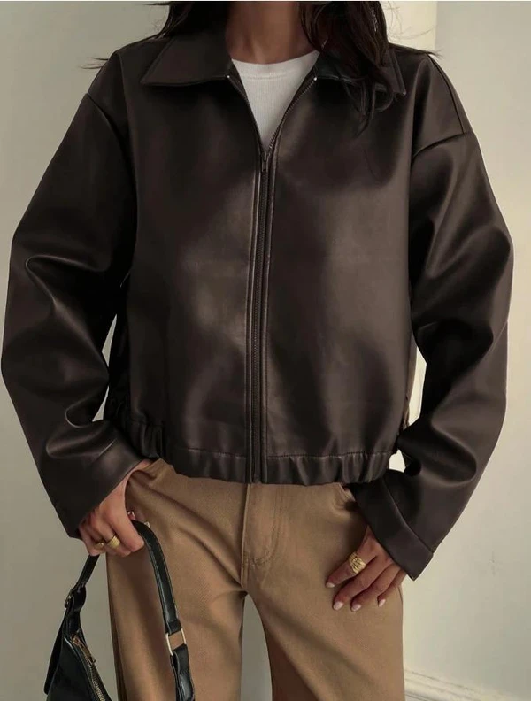 (PAGUE 1, LEVE 2)Jaqueta Casual Solta de Couro Sintético Feminina, Ajuste Regular, Outono/Inverno