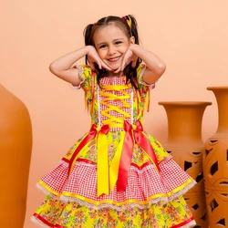 Vestido Junino - Xadrez Florido - Amarelo C/Vermelho