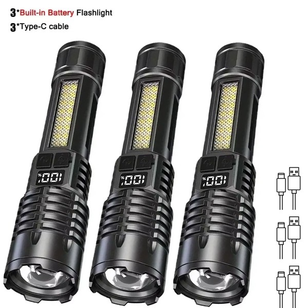 Lanterna led de alta potência poderosa TYPE-C recarregável cob lanterna com luz lateral tocha para acampamento ao ar livre caminhadas