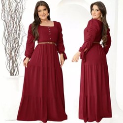 Vestido Longo Feminino Manga Longa Com Perolas E Laço Moda Evangelica Plus Size Para Congresso Luxo