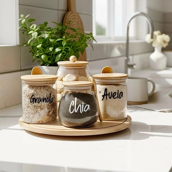 KIT 5 PEÇAS POTES DE VIDRO E BAMBU E BANDEJA GIRATÓRIA