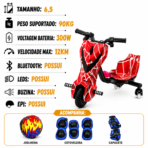 Drift Trike Elétrico Radical 360° Infantil Vermelho