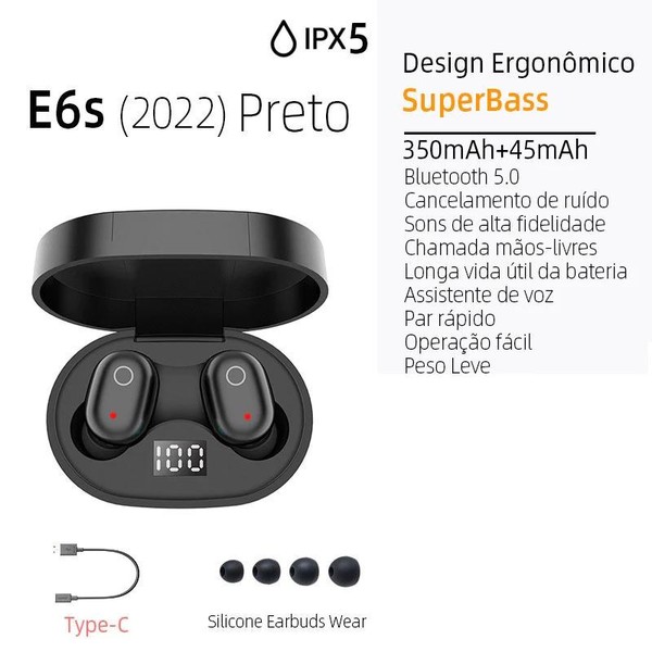 E7S TWS HiFi Fone De Ouvido Bluetooth 5.0 Sem Fio Com Cancelamento De Ruído Display LED A6s E6s