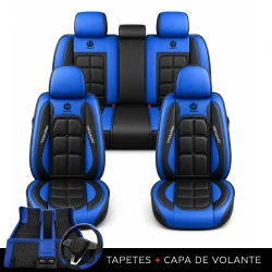 Kit Completo de Capas para Banco de Carro Velox  em Couro Legítimo Universal 5 Lugares Com Airbag + Tapetes e Capa de Volante