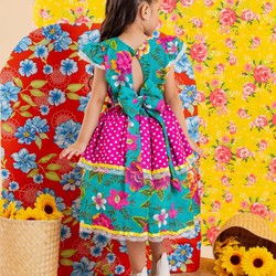 Vestido Junino – Xadrez Com Rosas e Laço - Verde C/Rosa 