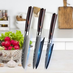 Conjunto de facas de cozinha em aço inoxidável, Laser Damasco, Japonês Santoku Cleaver, Fatiar Utilitário Chef Faca, 7CR17, 440C, 3 Pcs